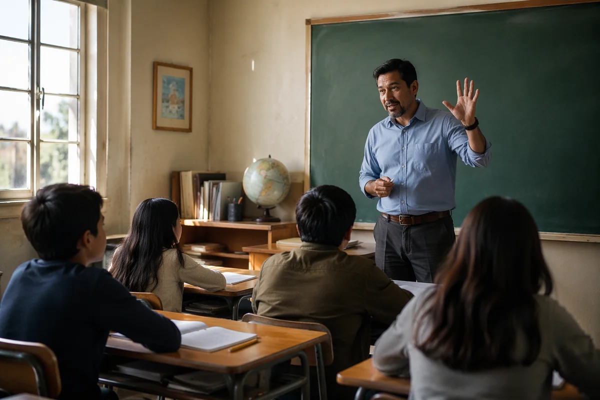 Teacher Explaining Lesson in Morning Classroom