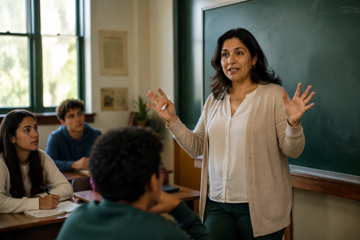 Teacher Beside Green Chalkboard in Classroom