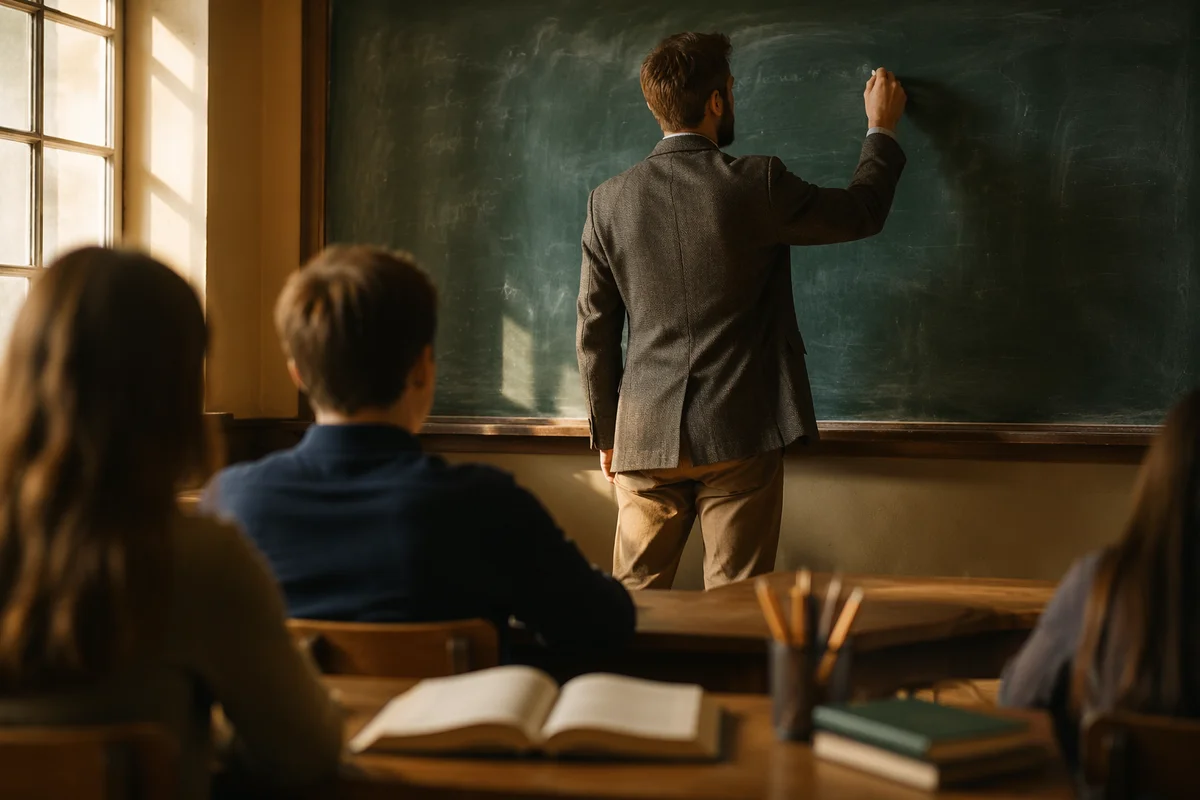 Teacher Writing Lesson Notes on Chalkboard