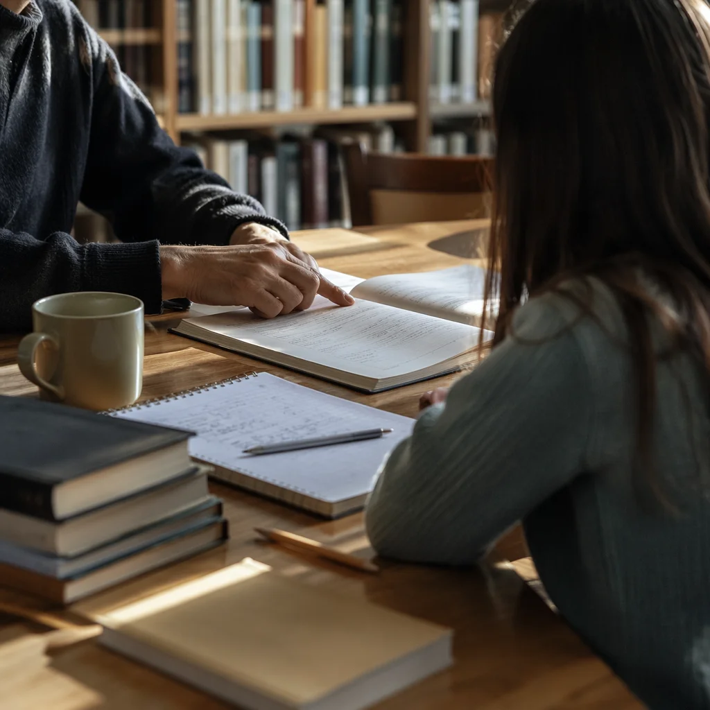Quiet Library Tutoring Session at Wooden Table