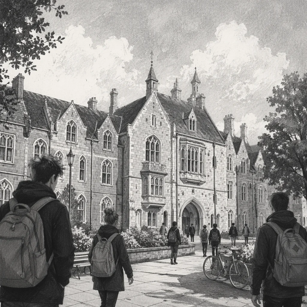 Historic Gothic University Campus With Students