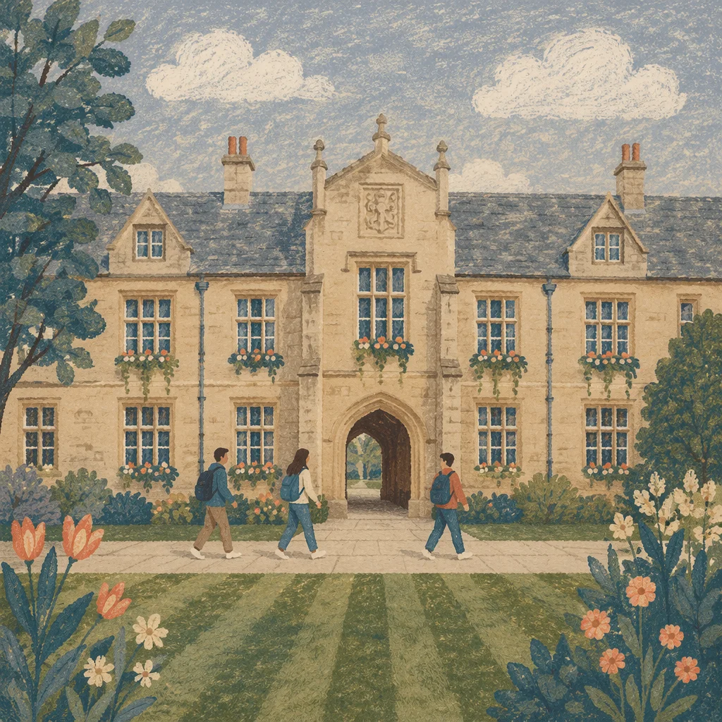 Traditional University Courtyard with Students