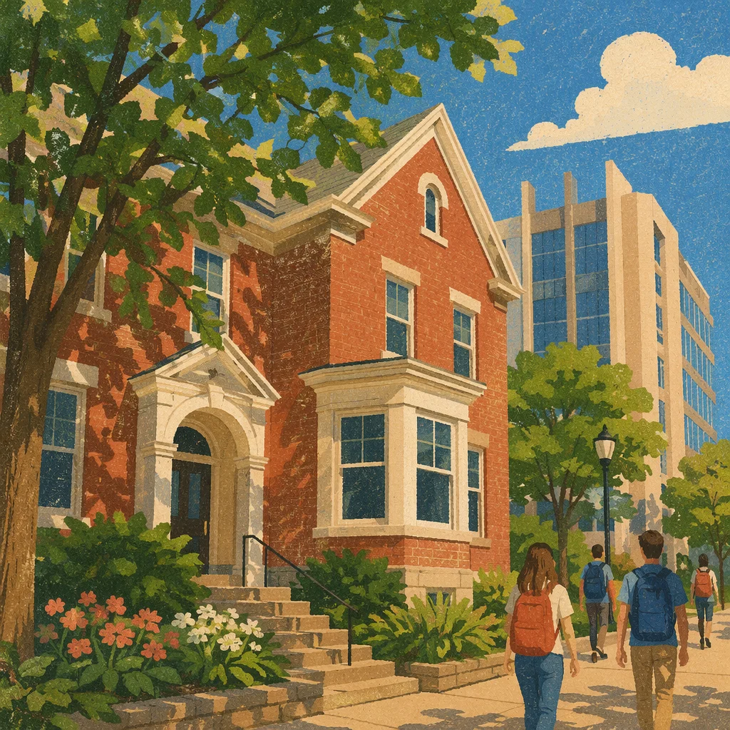 Sunny University Campus with Students and Brick Hall