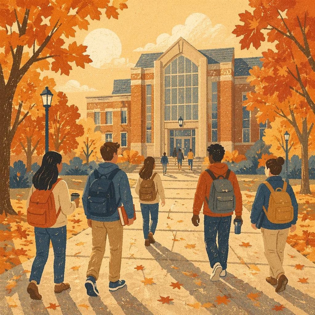 Autumn University Campus Students Walking to Class