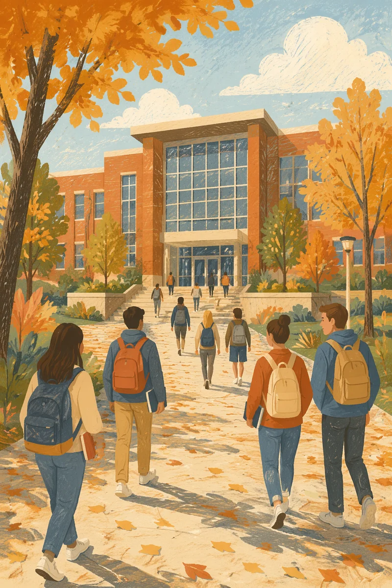 Students Approaching Modern University Campus Building