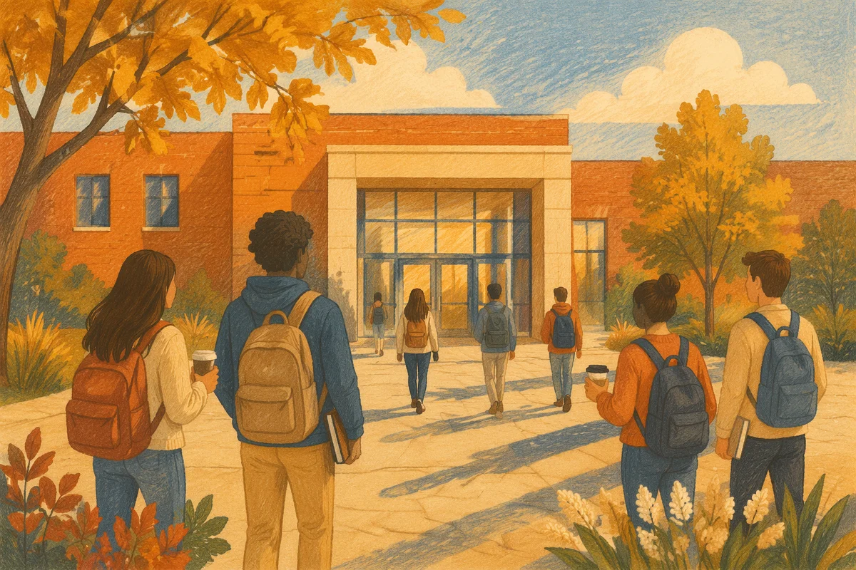 Students Entering University Campus in Autumn