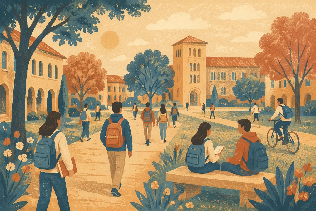 Warm University Campus Courtyard with Students