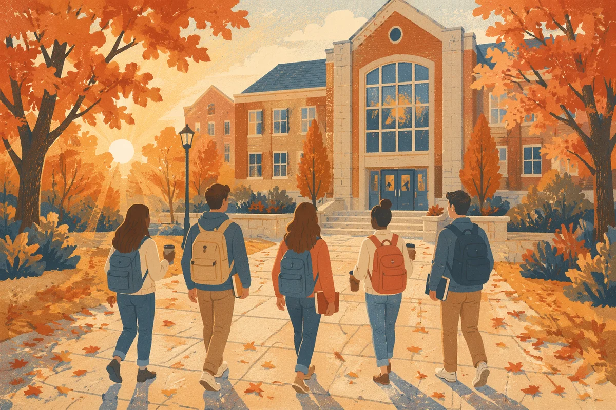 Students Approaching Autumn University Campus Entrance