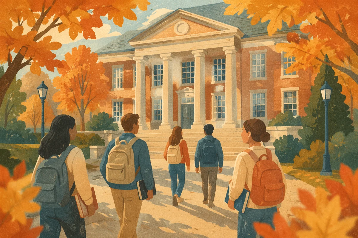 Students Approaching Autumn University Campus Building