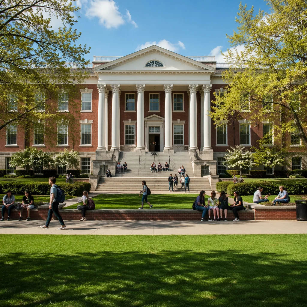 Spring University Campus with Students Outdoors