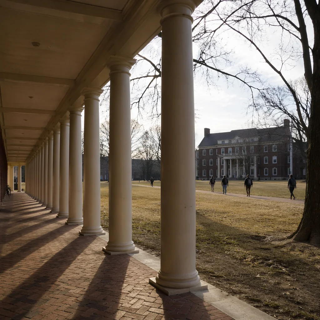 Winter University Campus with Classical Columns