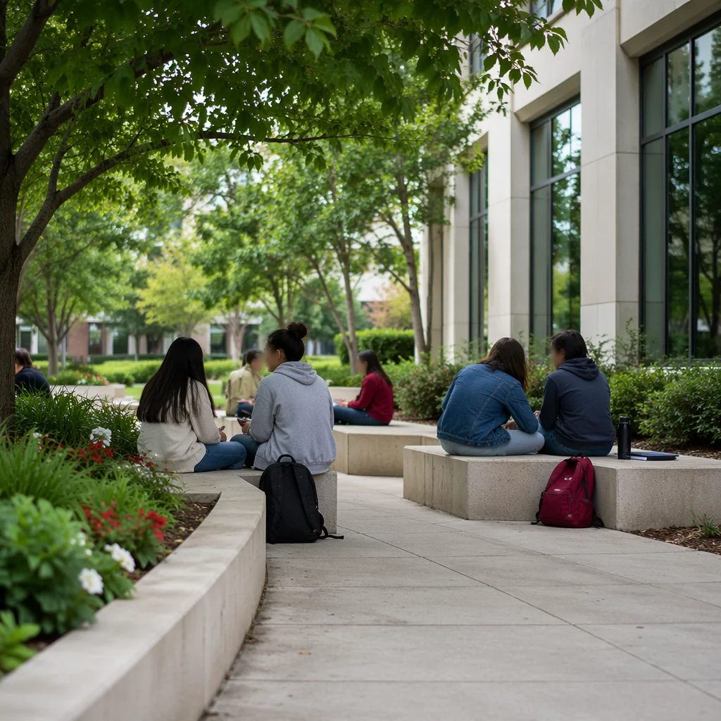 Students Gathering Outside Modern University Building