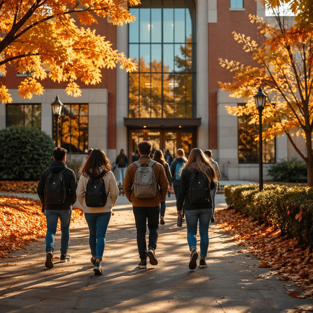 Students Walking Toward Autumn Campus Building