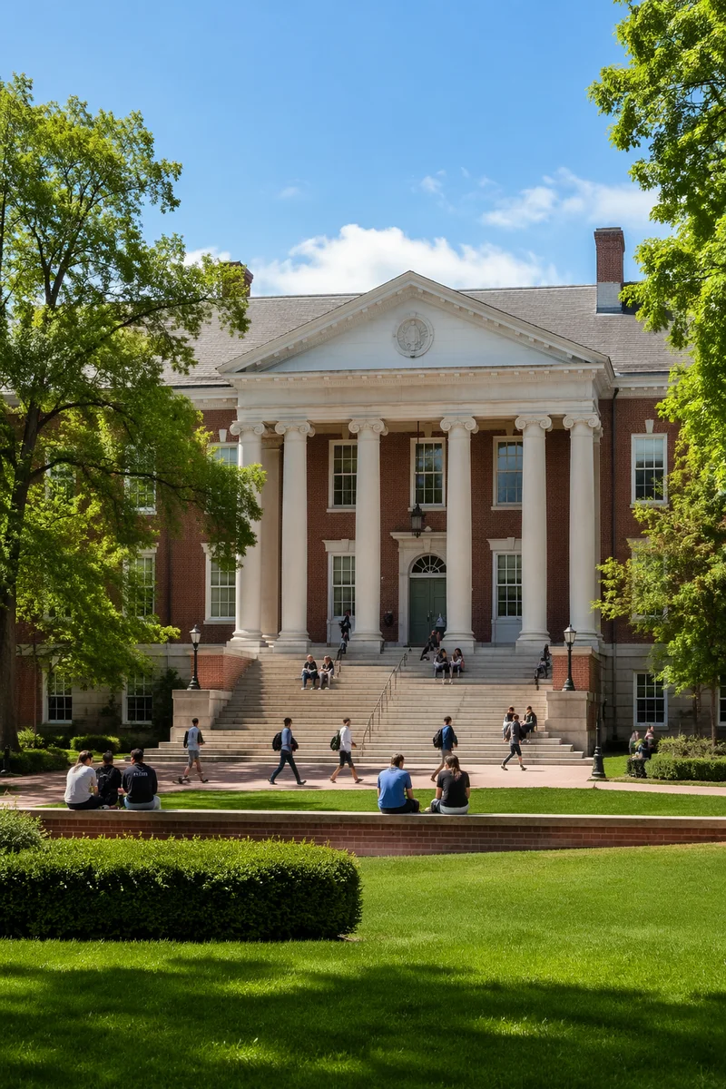 Spring University Campus Building with Students