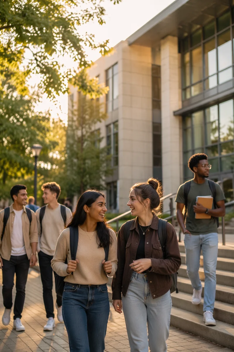 Students Walking Near Modern Campus Building
