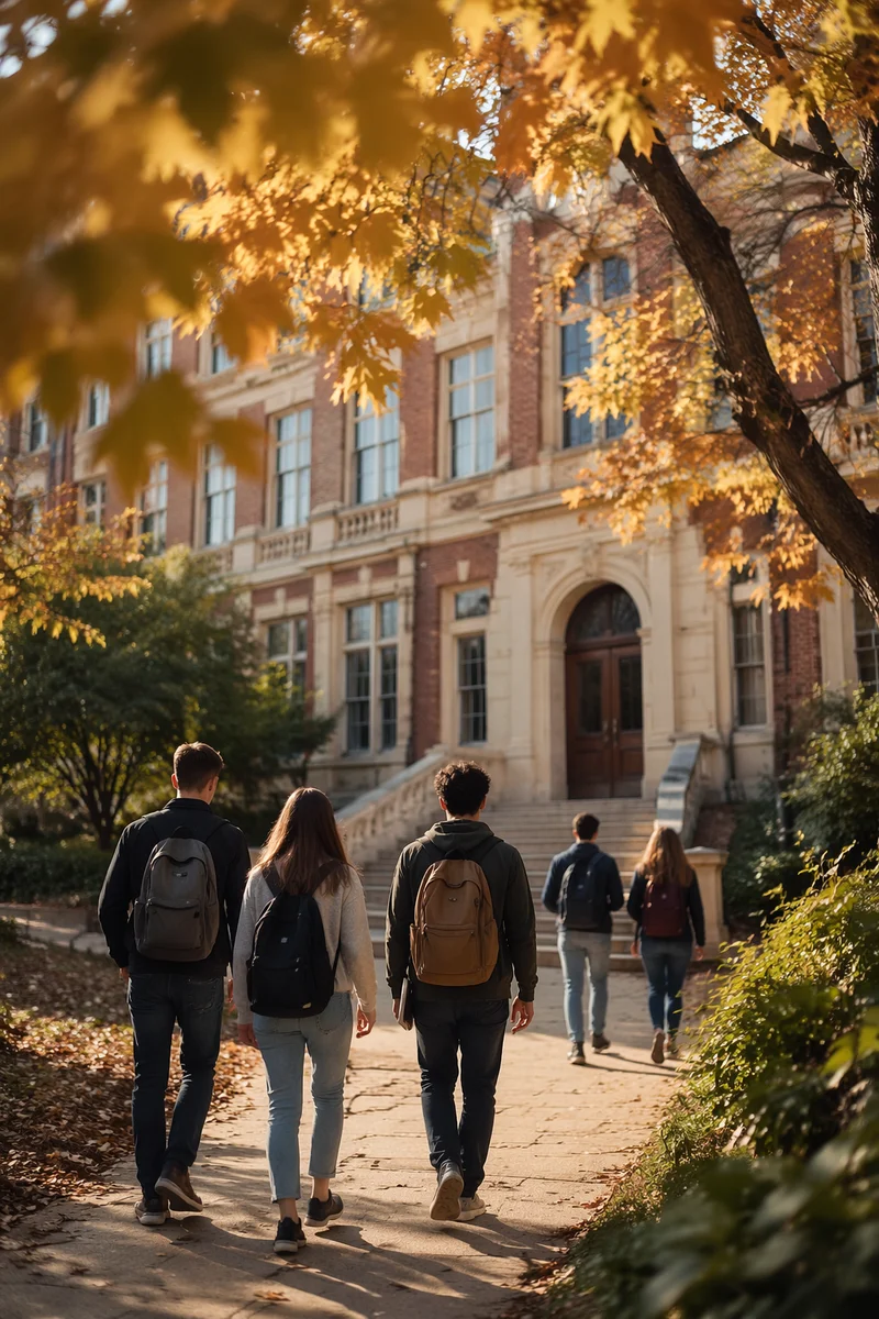 Students Walking Toward Autumn Campus Building