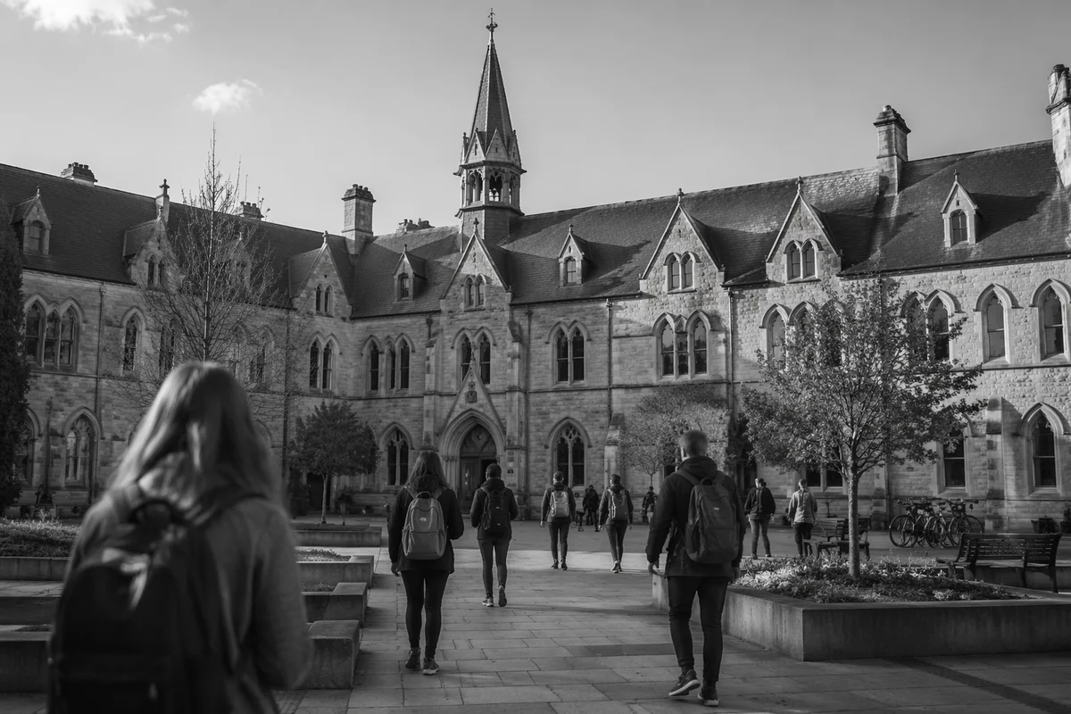 Historic University Campus with Walking Students