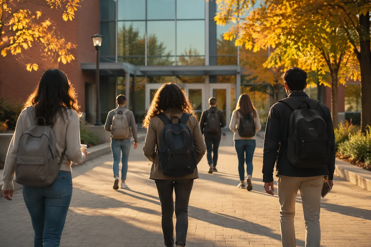 Students Walking to University Campus Entrance