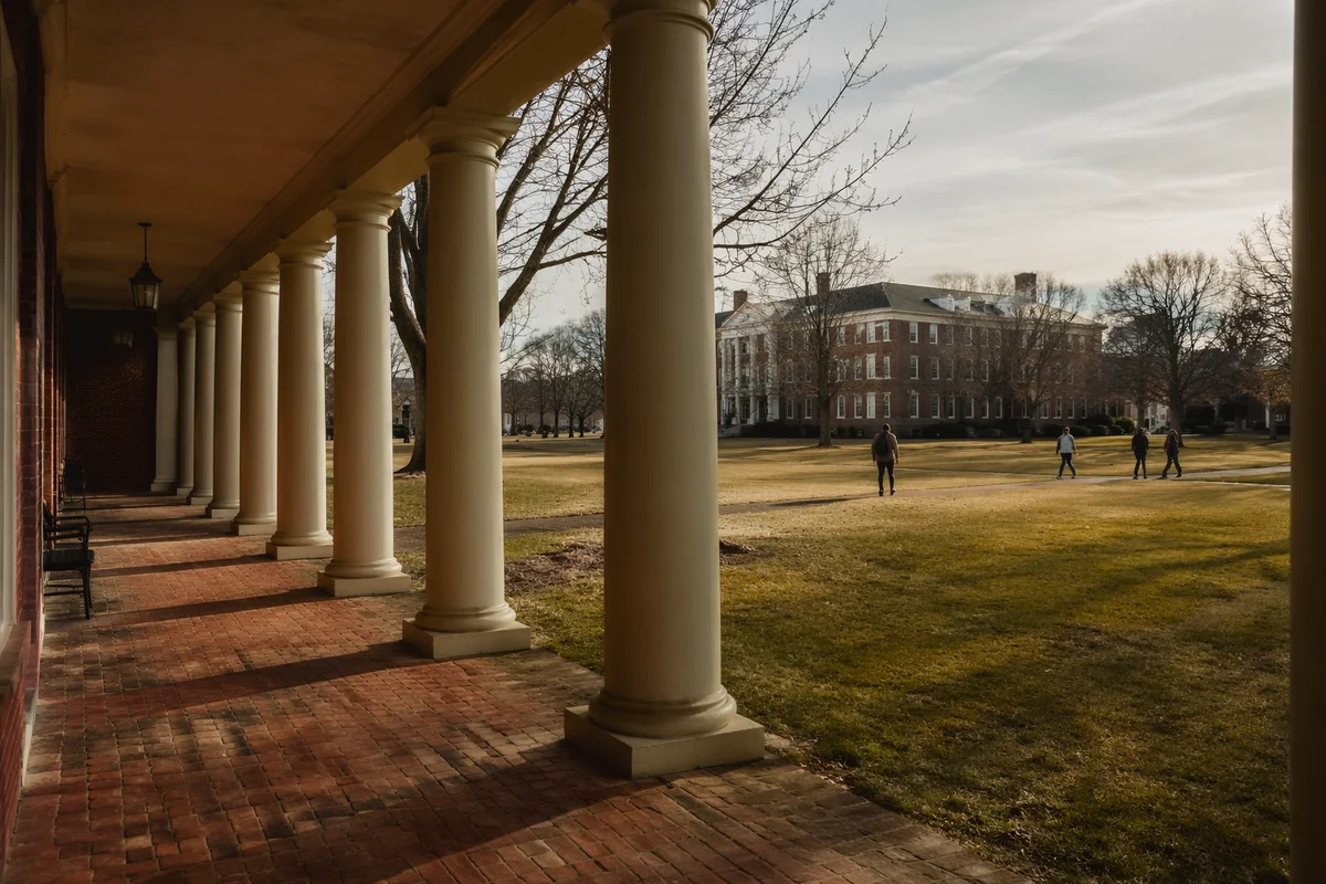 Winter Campus Walkway with Classical Columns