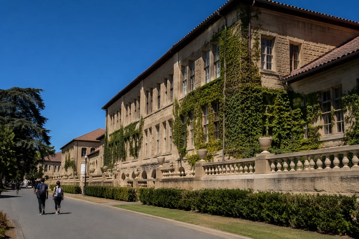 Historic University Campus Hall with Students