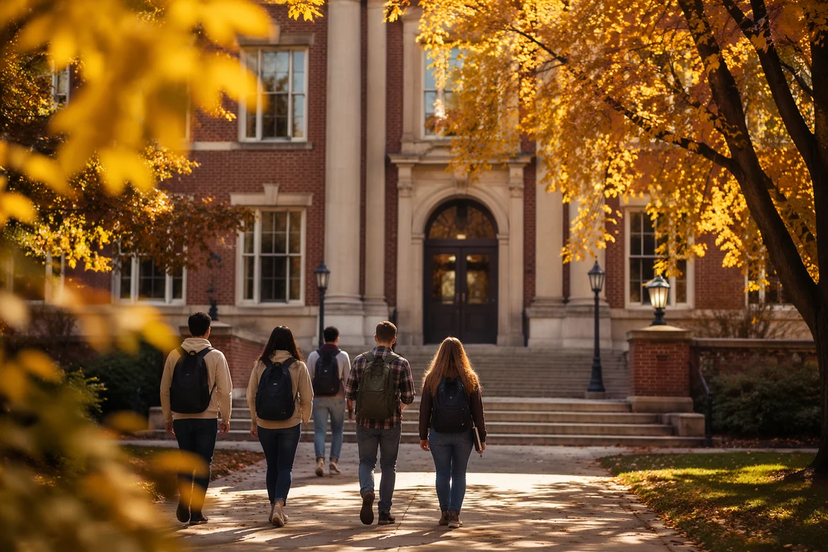 Students Walking Toward Autumn University Campus