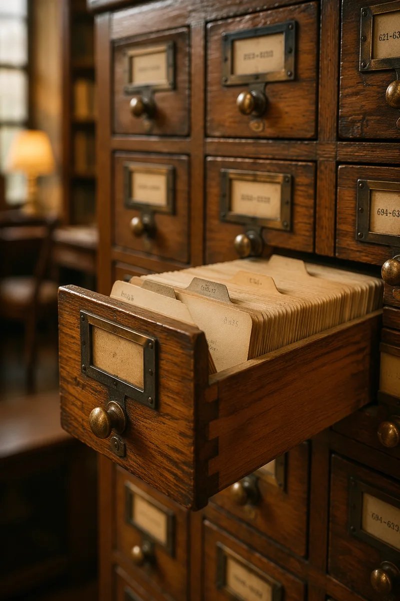Vintage Library Card Catalog Drawer Close-Up