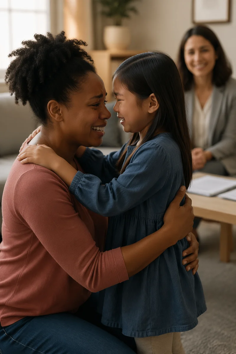 Emotional First Embrace in Family Lounge