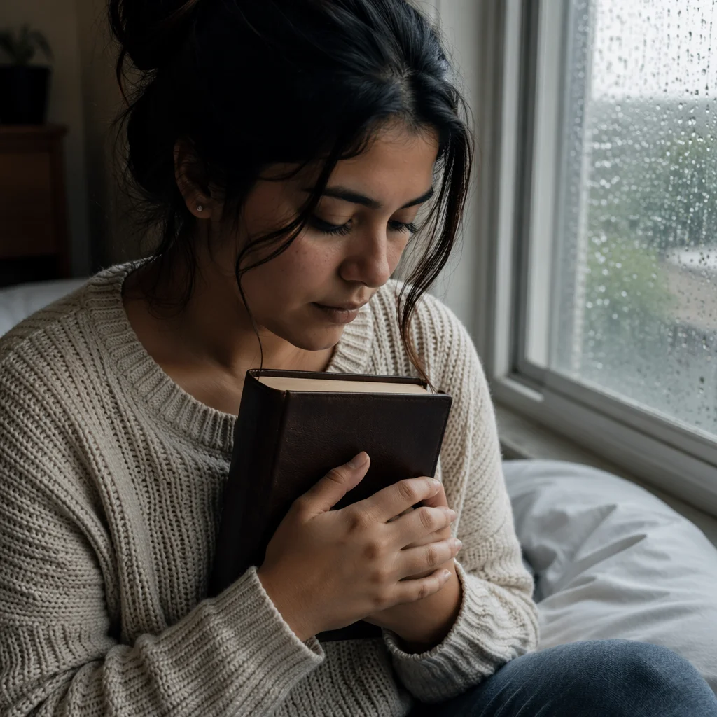 Woman Holding Bible by Rainy Window