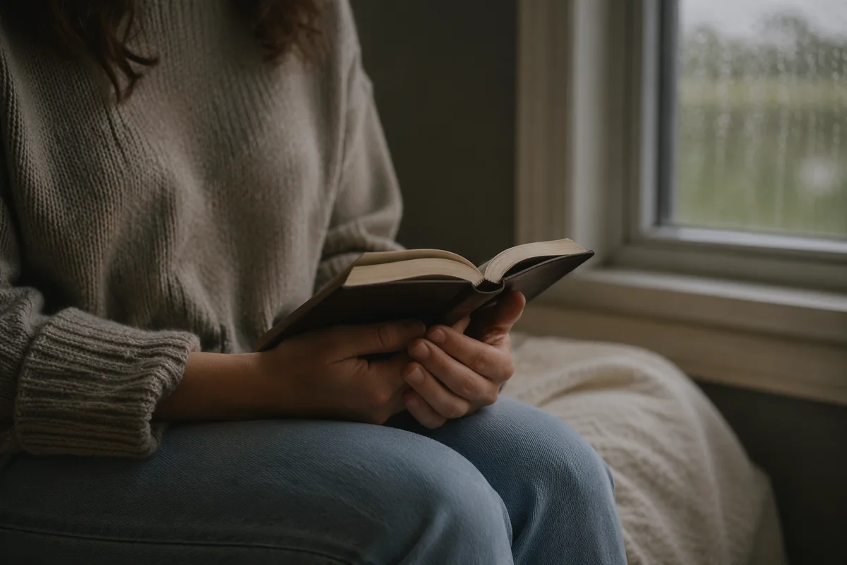 Anxious Hands Holding Bible by Window