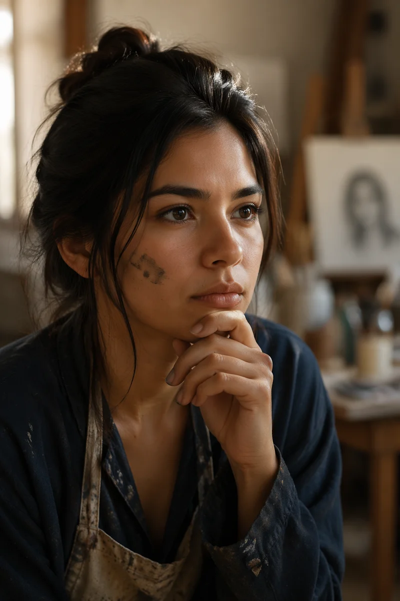 Focused Young Woman Artist in Studio