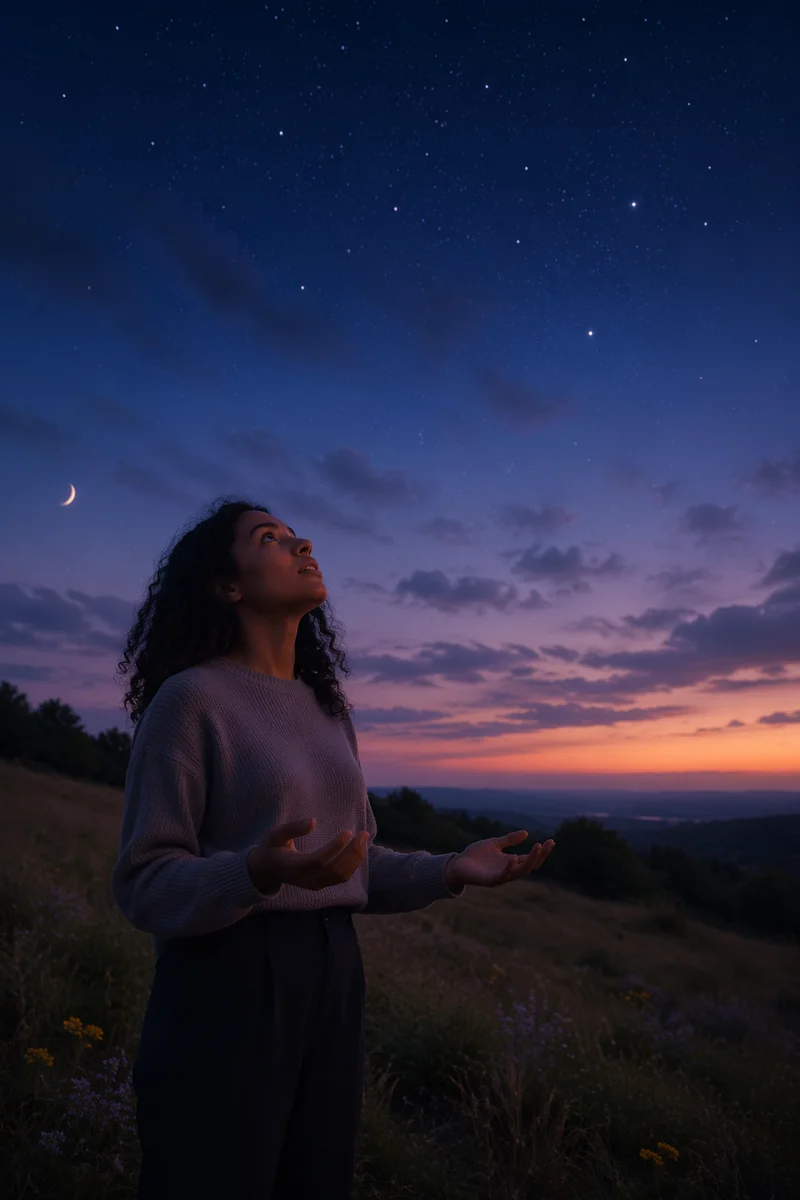Woman Gazing at Starry Twilight Sky