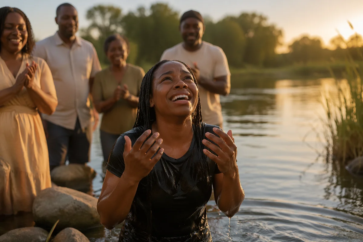 Woman Emerging from River at Sunset
