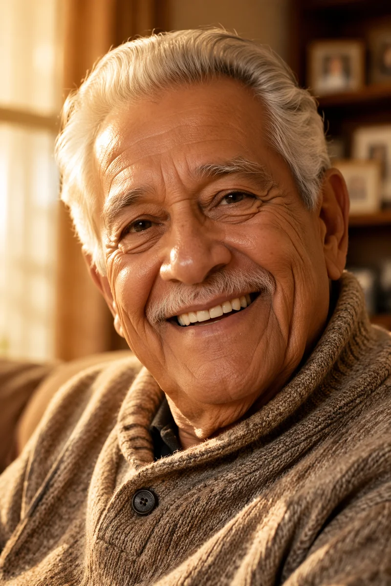 Beaming Elderly Grandfather by Sunlit Window
