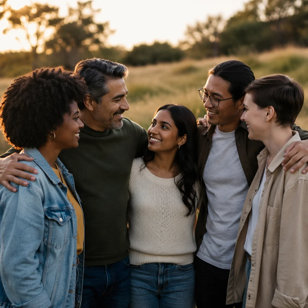 Five Friends Embracing on Grassy Hill