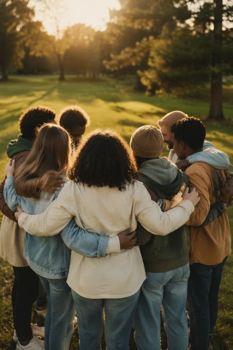 Diverse Friends Circle at Golden Hour