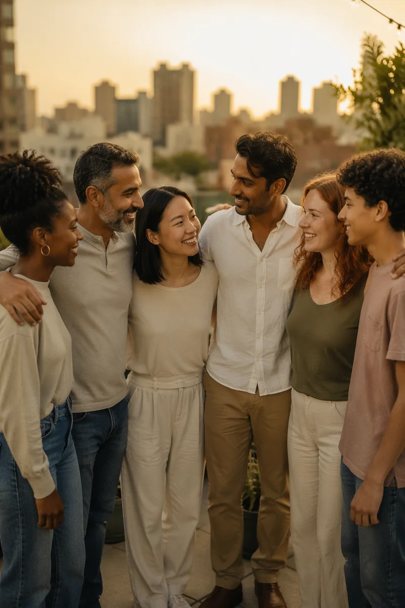 Diverse Friends Standing Together on Rooftop