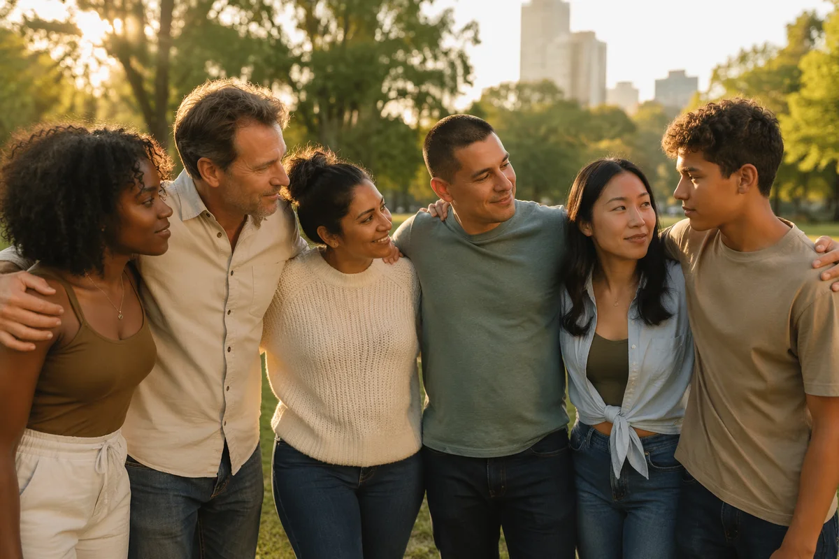 Six Friends Embracing in City Park