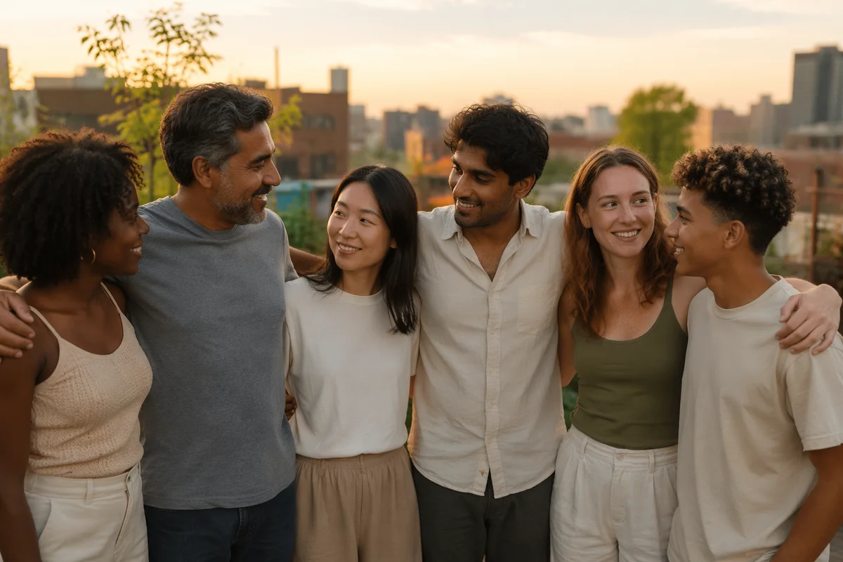 Diverse Friends Sharing a Rooftop Golden Hour Moment