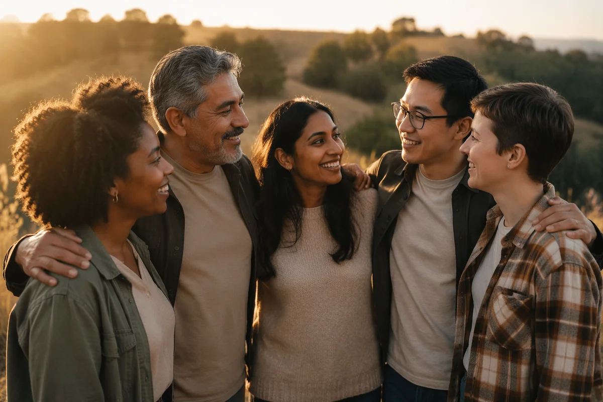Five Friends Embracing on Grassy Hill