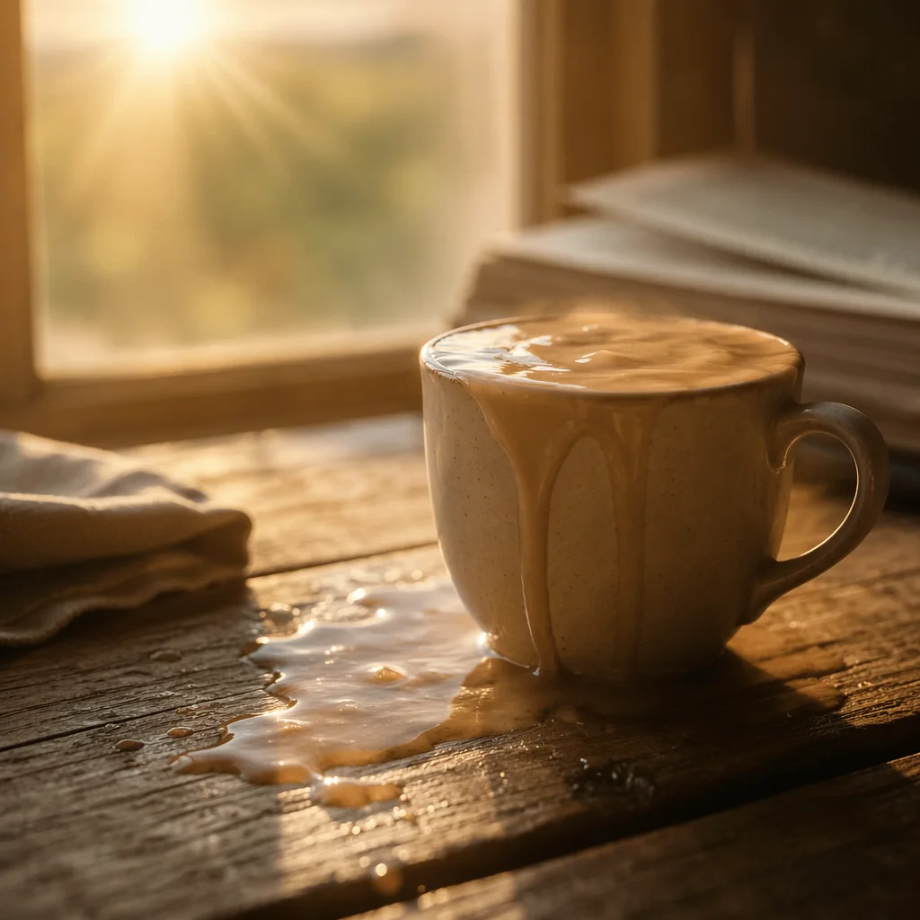 Overflowing Ceramic Cup in Golden Sunrise