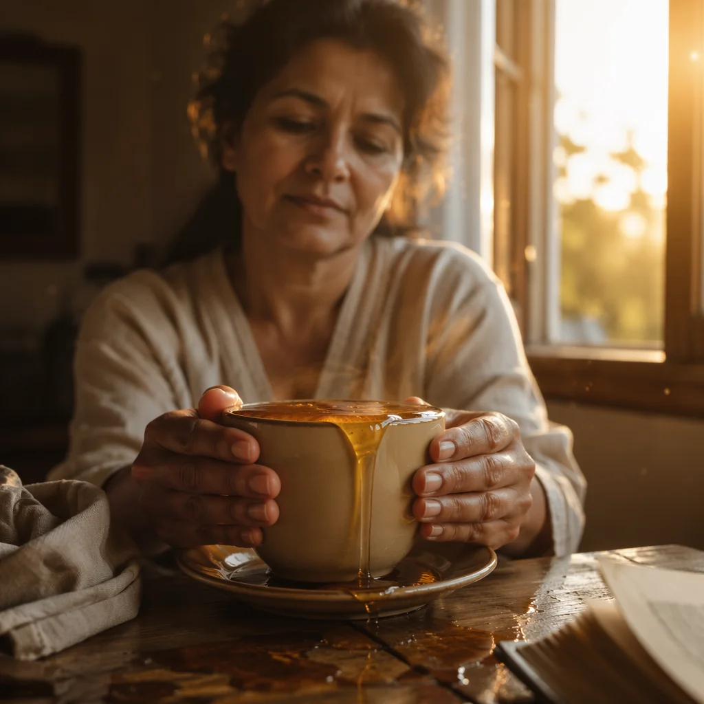 Overflowing Tea Cup in Golden Sunrise