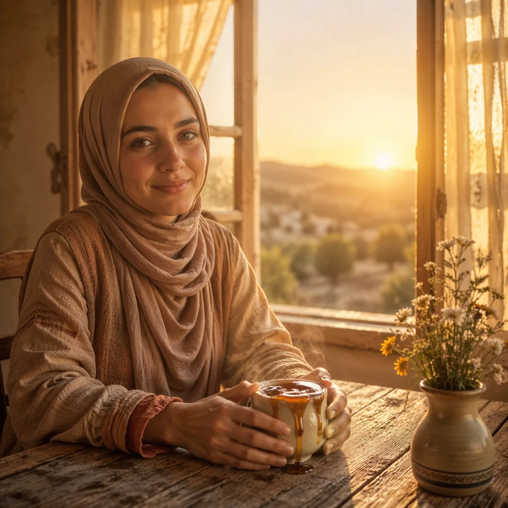 Woman Holding Overflowing Tea Cup at Sunrise