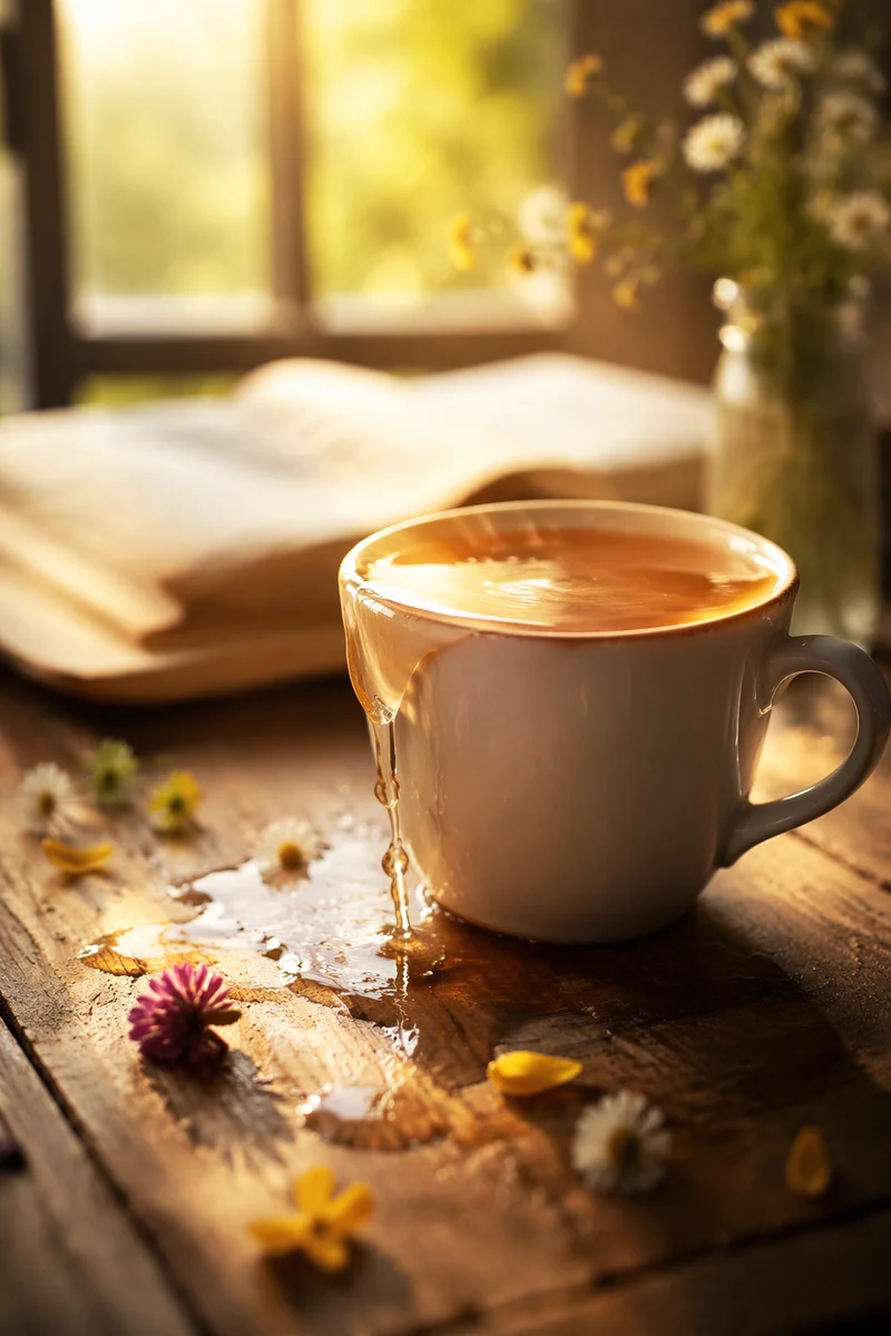 Overflowing Ceramic Cup in Golden Morning Light
