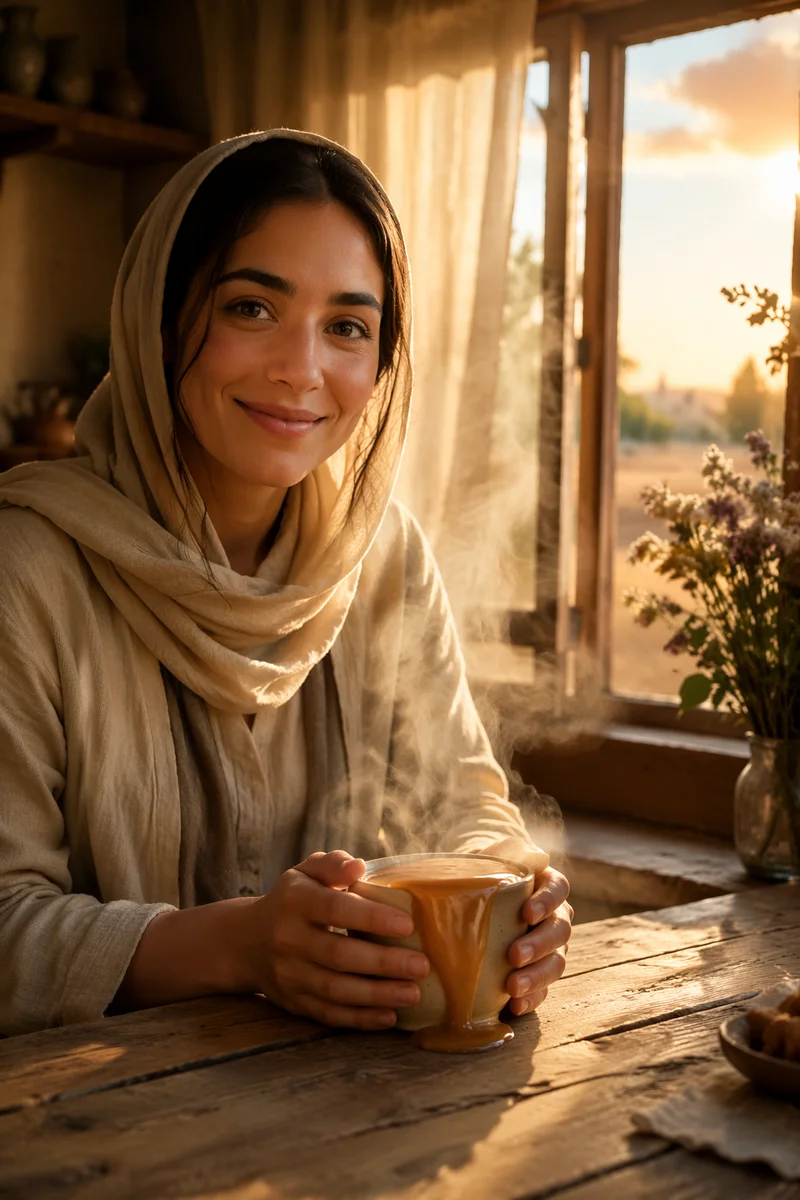 Woman Holding Overflowing Tea Cup at Sunrise
