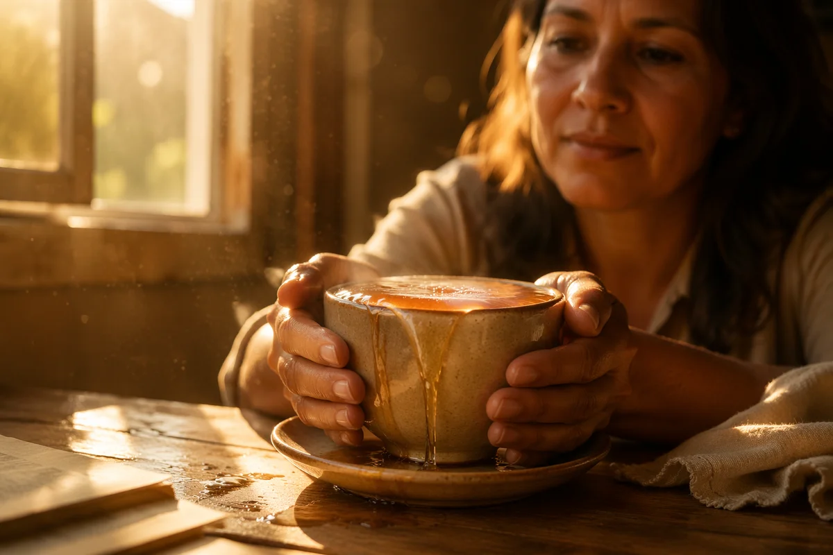 Overflowing Tea Cup in Golden Sunrise