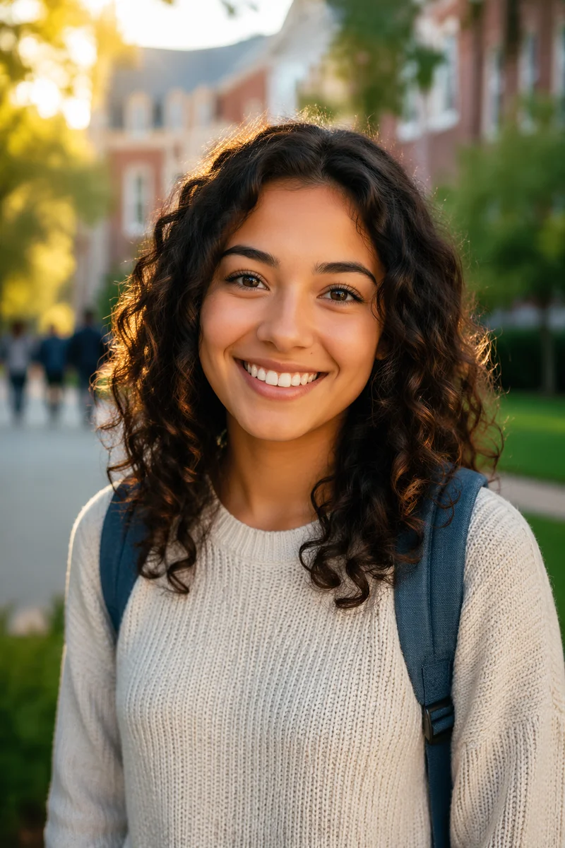 Smiling College Student on Campus Walkway