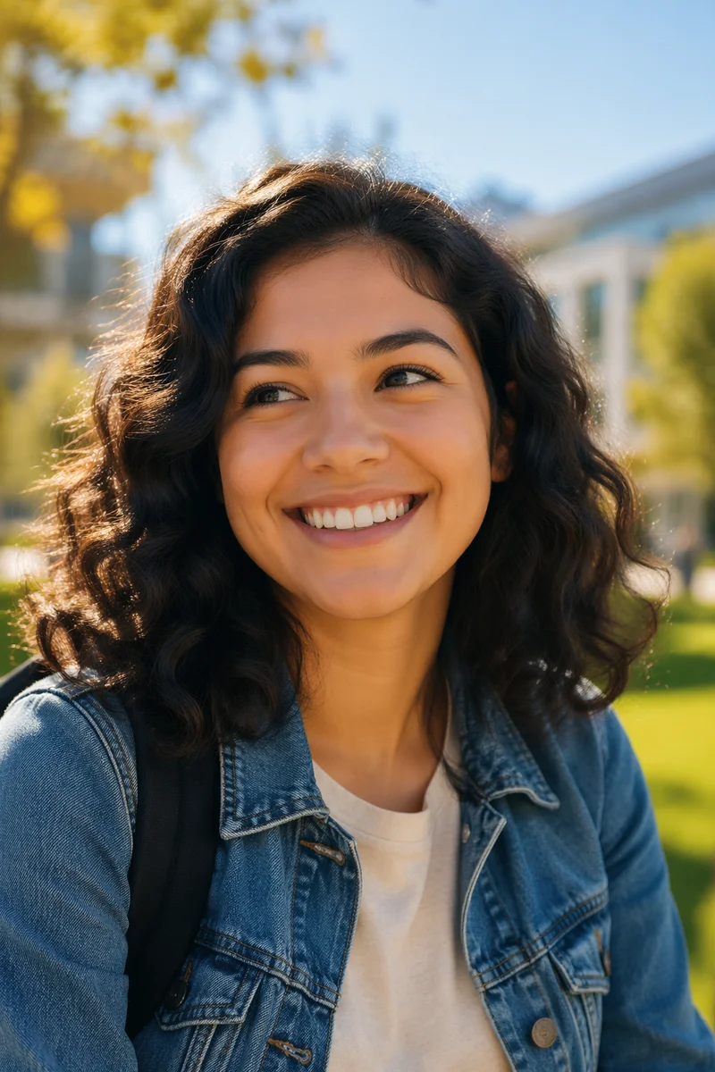 Smiling College Student on Campus Lawn