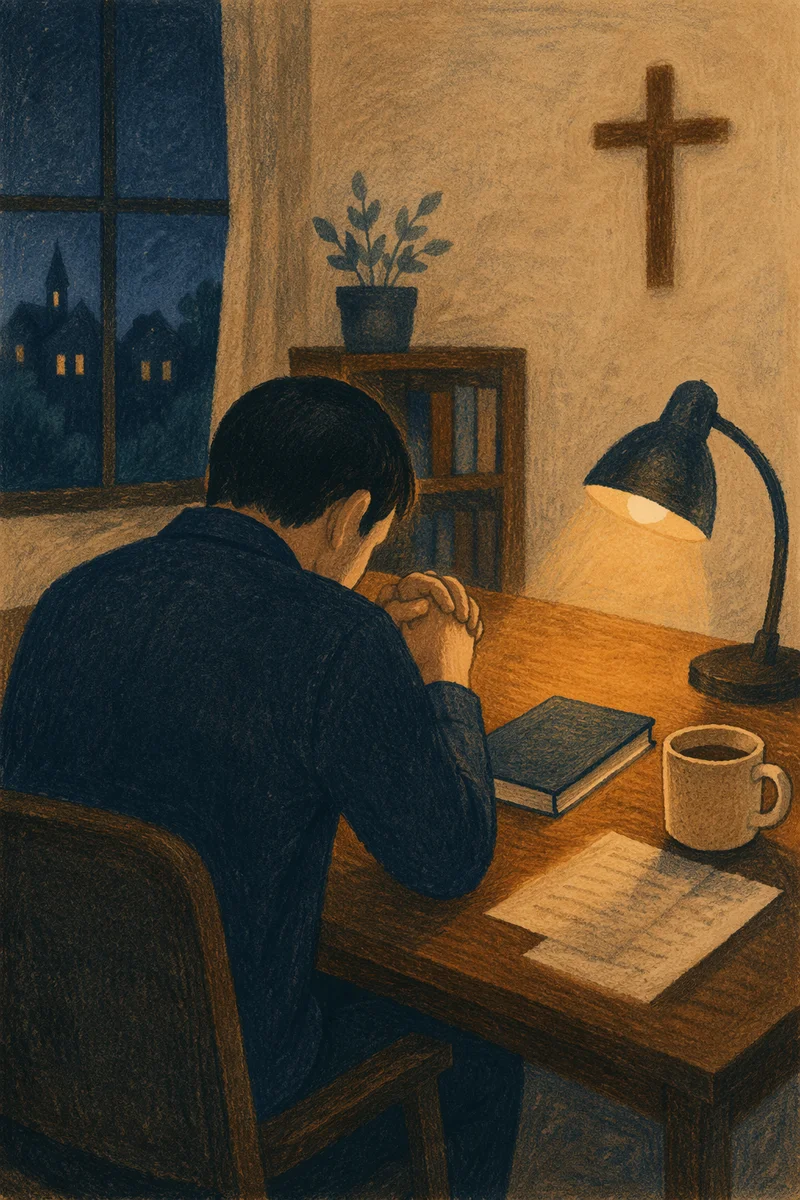 Weary Pastor Praying at Office Desk