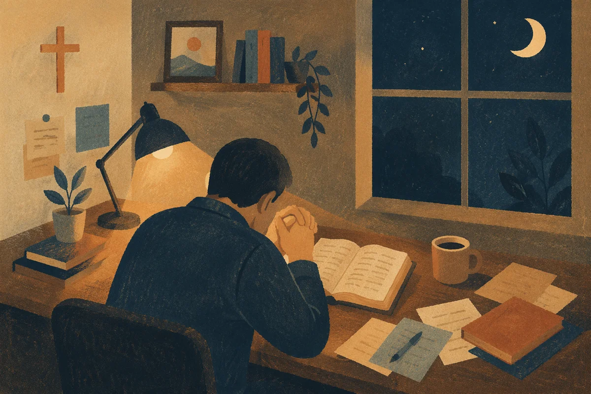 Weary Pastor Praying at Night Desk