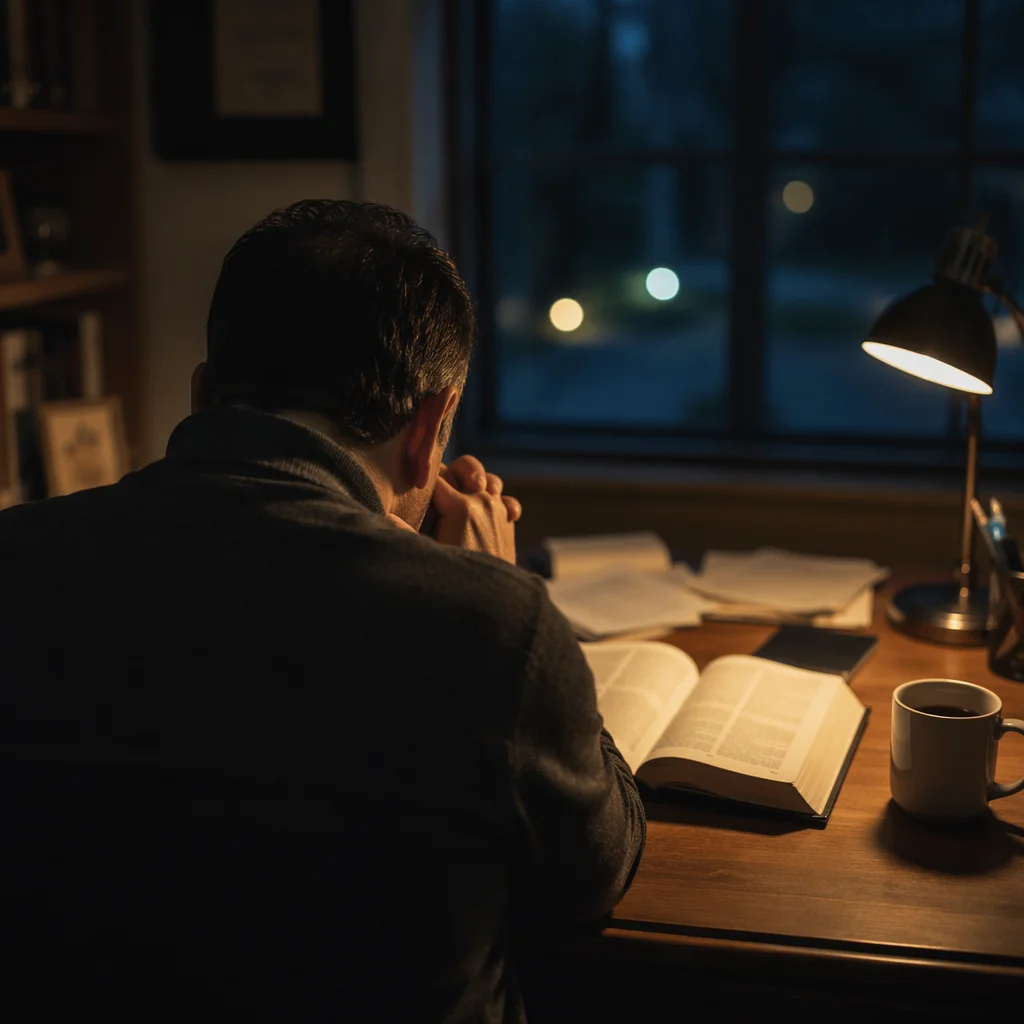 Weary Pastor Praying at Night Desk